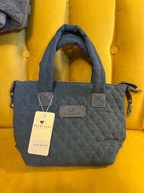 Heart Love Quilted Blue Denim Tote Bag/Cross Body with Wallet & Heart Feet